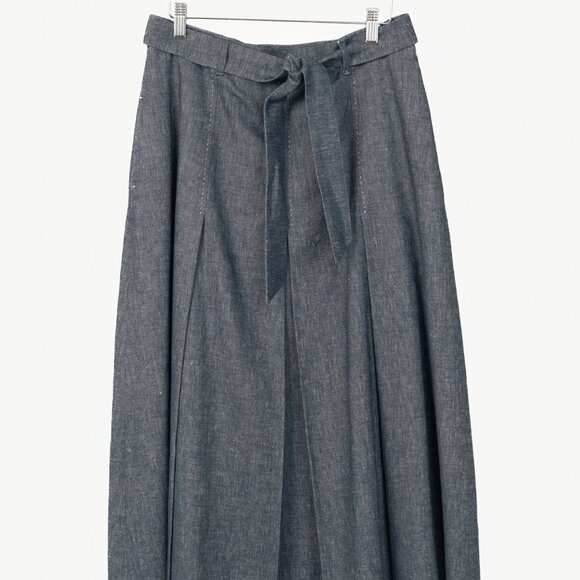 Max Mara Studio Blue Linen & Cotton Denim Belted Pleated Midi Skirt - Picture 1 of 10